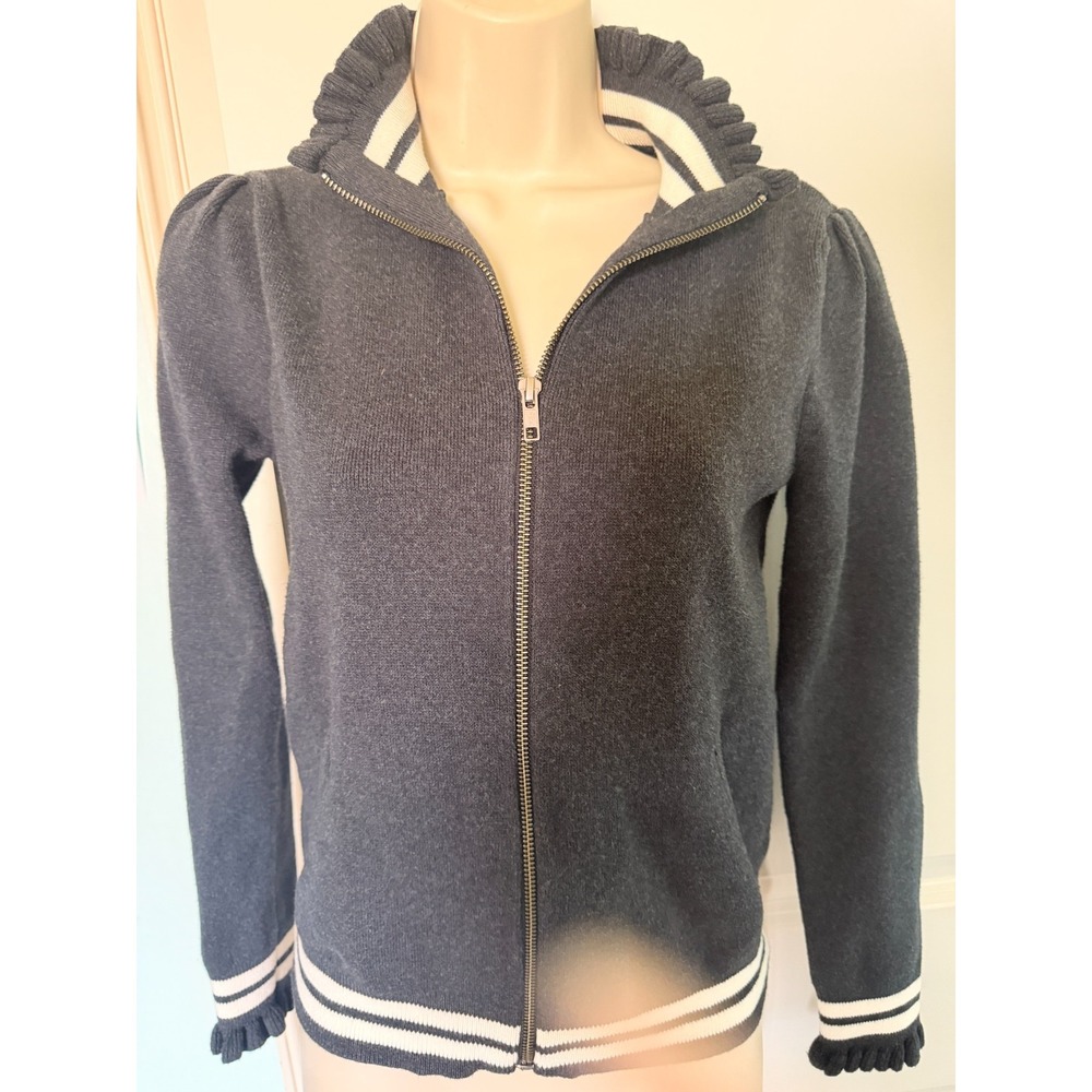 Treasure & Bond Ruffle Trim Zip-Front Sweater Cardigan Gray White Stripe XS